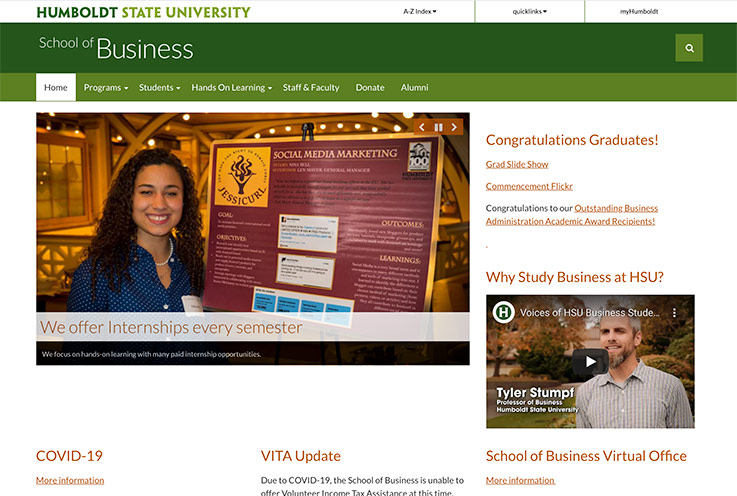 School of Business website screenshot